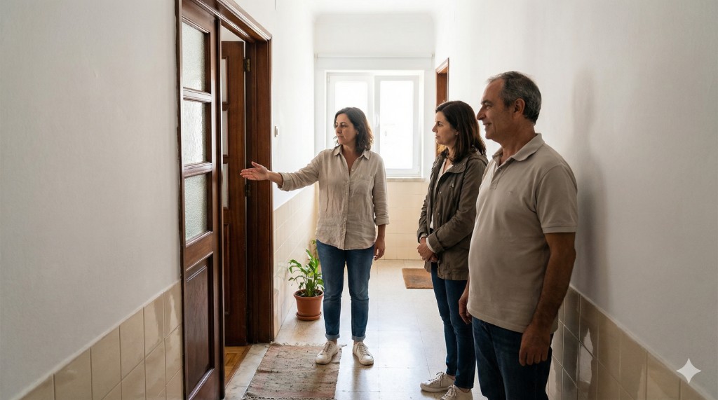 Corredor luminoso durante visita a imóvel: interessados a conhecer o espaço no contexto de venda com inquilino em Portugal