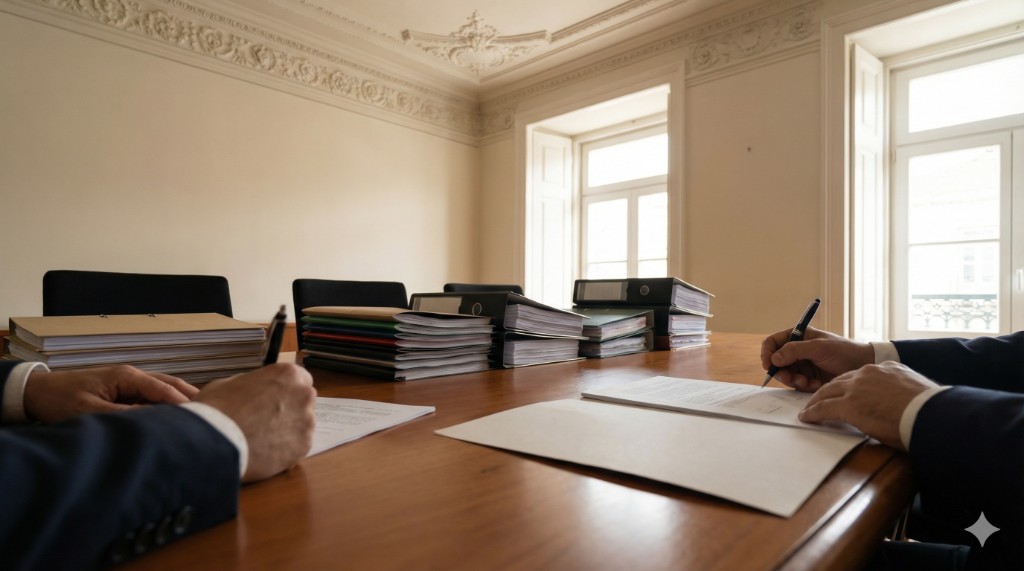 Mesa com pastas e documentos, mãos a assinar: dia da escritura de compra ou venda de imóvel em Portugal