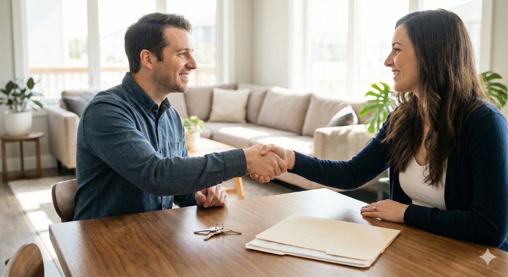 Aperto de mão entre comprador e vendedor com chaves e documentos: comprar casa entre particulares em Portugal