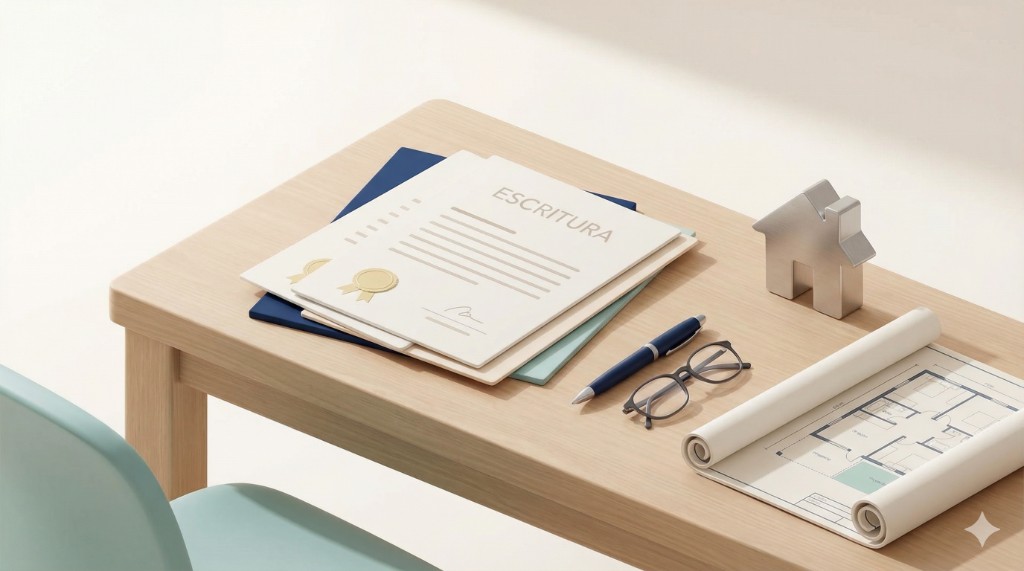 Ilustração 3D: escritura, pastas e planta sobre mesa de trabalho; metáfora da documentação e do direito de preferência na compra de imóvel em Portugal entre particulares