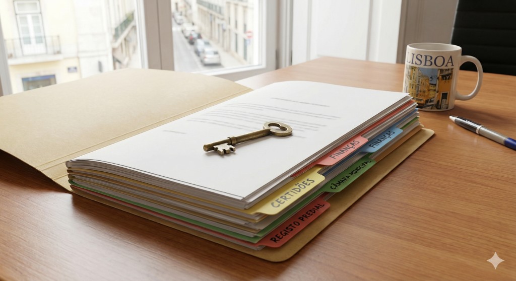 Pasta com documentação organizada, separadores para registo predial e certidões, chave à mostra: vender imóvel em Portugal