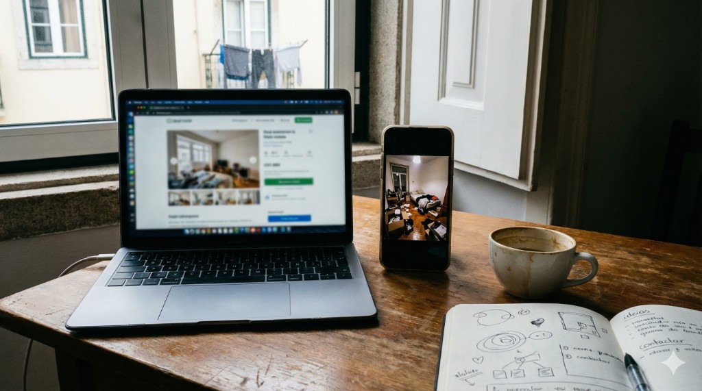 Portátil com anúncio apresentável e telemóvel com foto pouco cuidada na mesma secretária: erros comuns em anúncios de imóveis entre particulares