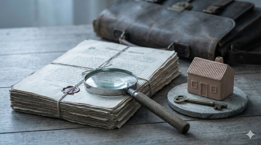 Documentos, lupa, maquete de casa e chave: verificar hipoteca, penhoras e ônus no registo predial em Portugal
