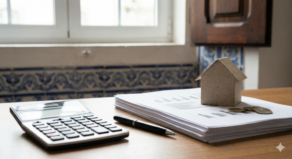 Calculadora, documentos e modelo de casa numa secretária: custos e impostos na compra de imóvel em Portugal