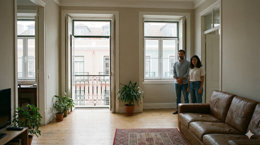 Sala clara num apartamento com duas pessoas: conversa calma no contexto de negociar o preço entre particulares em Portugal