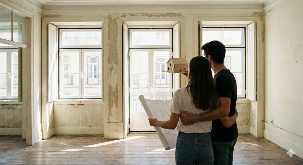 Casal com planta arquitectónica e maquete num apartamento em Portugal: comprar a primeira casa