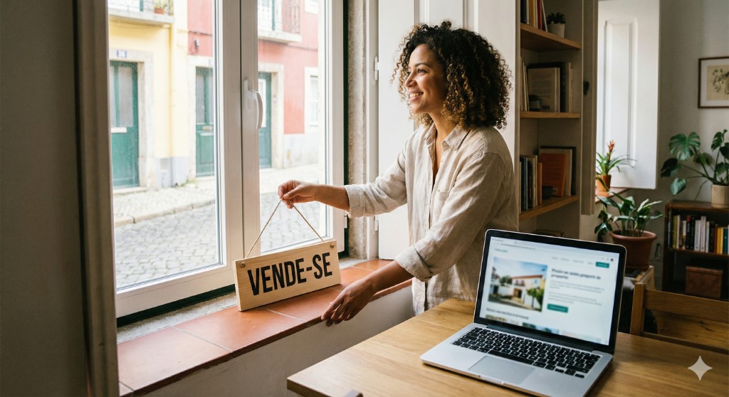 Proprietária com placa Vende-se na janela e portátil com anúncio online: vender casa sem agência em Portugal