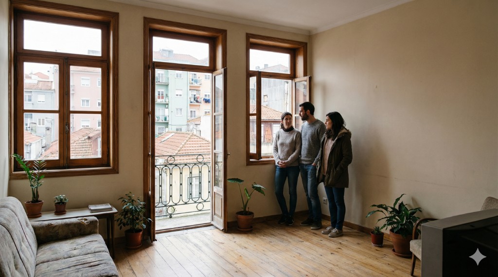 Sala luminosa com janelas de madeira e vista para telhados e fachadas: visita a apartamento à venda em Portugal